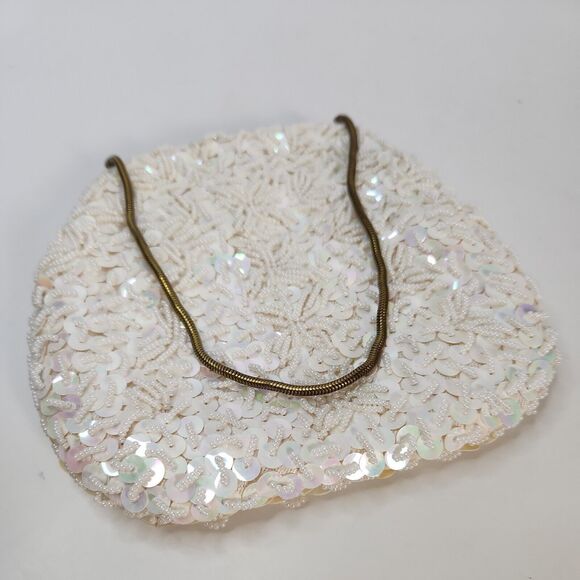 Vtg Handmade White Pearl Bead Sequin Clutch Evening Bag Gold Chain Clasp - Picture 2 of 16
